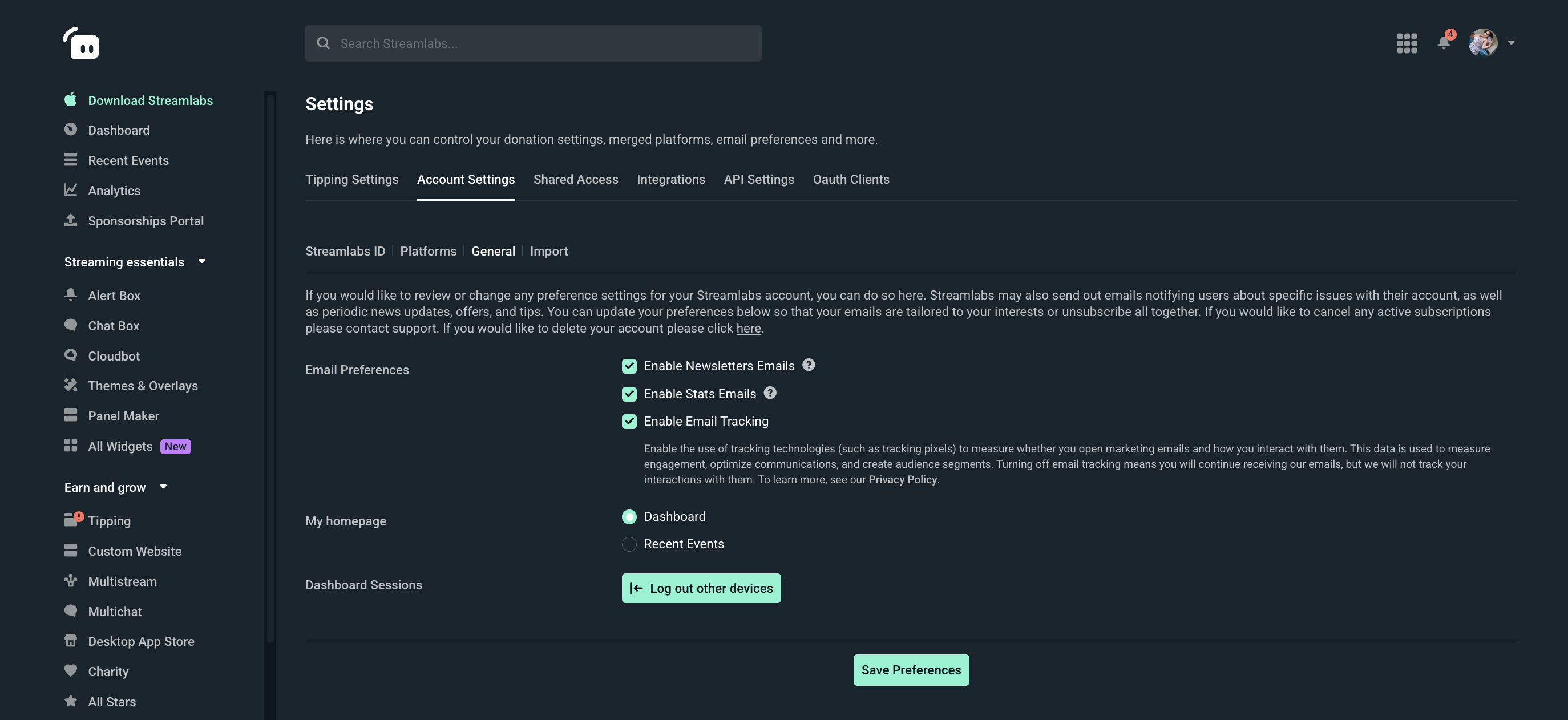Email preferences within the Dashboard account settings
